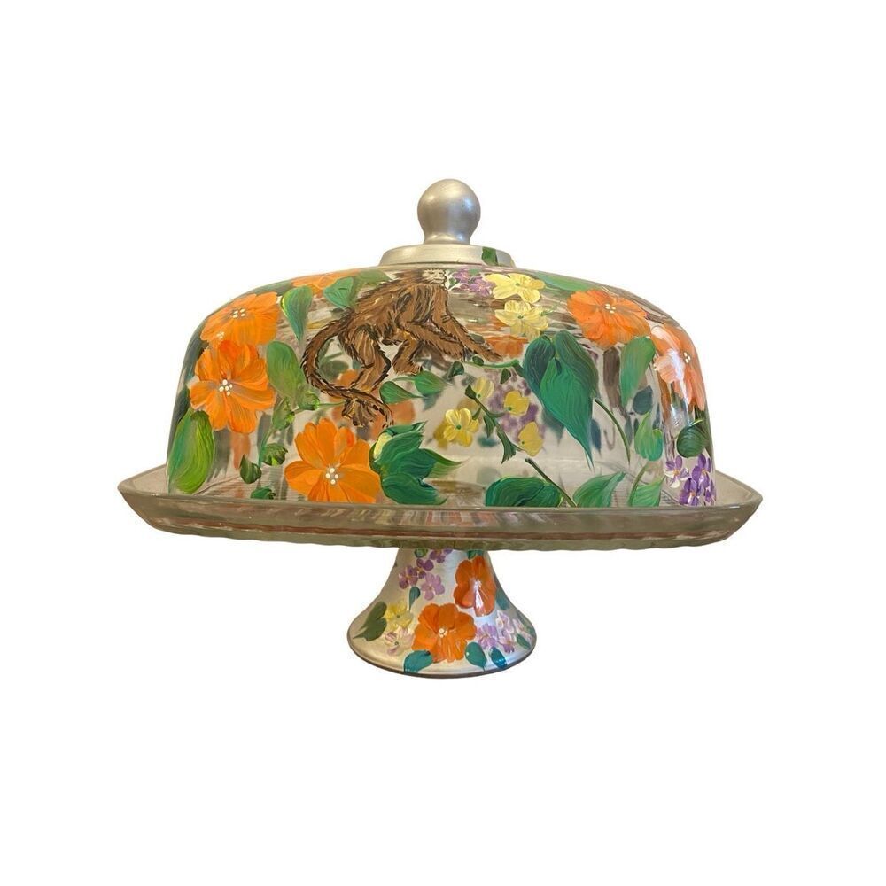 Vintage Glass Cake Stand Handpainted Monkey Florida Sunroom